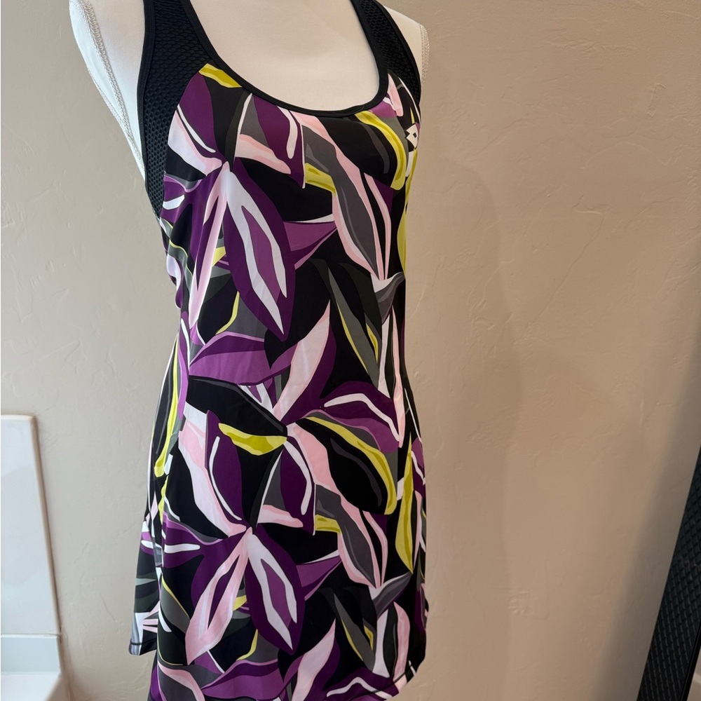 Lotto Tennis Dress in Black with Purple, Pink & Yellow Leaf Print, size L